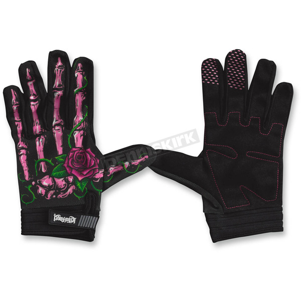 Womens Black/Pink Rose Bone Gloves