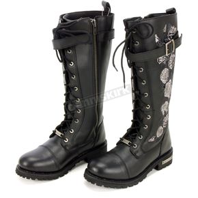 Ladies Black Knee High Wild Roses Leather Boots