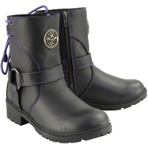 Women's Black Leather Harness Zip-Up Boots w/Purple Back Laces