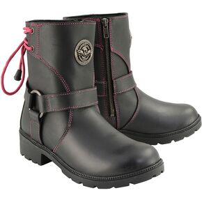 Women's Black Leather Harness Zip-Up Boots w/Pink Back Laces