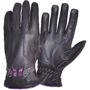 Women's Black Leather Purple Butterfly Gloves