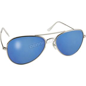 Silver Aviator Sunglasses w/Blue Mirror Lens