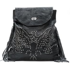 Black Ladies Leather Studded Backpack With Fringe