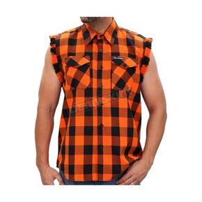 Orange/Black No Sleeve Fringe Flannel
