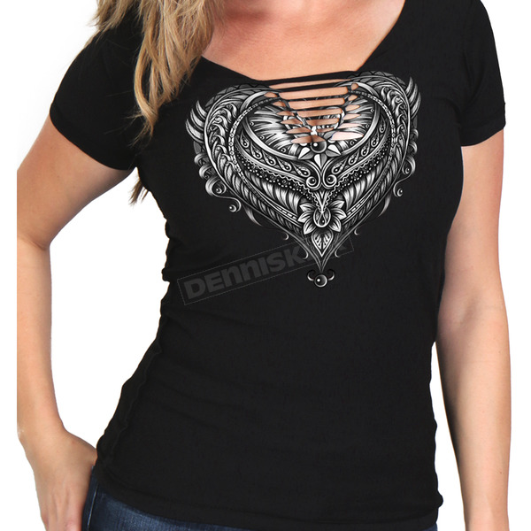 Women's Black Cut & Sew Lace Angel Wings V-Neck T-Shirt